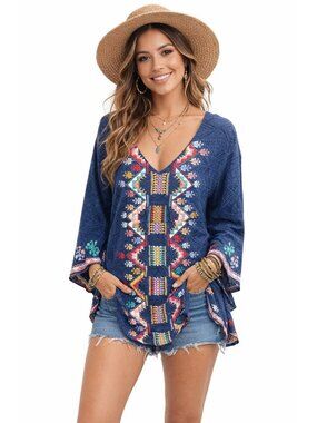 Judith March Boho Hippie Festival Embroidered V-Neck Tunic Dress S Navy Bat Wing